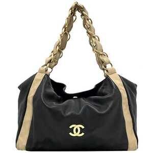 Chanel Chain Tote Bag Black Beige Coco Mark Lambskin Big Shoulder